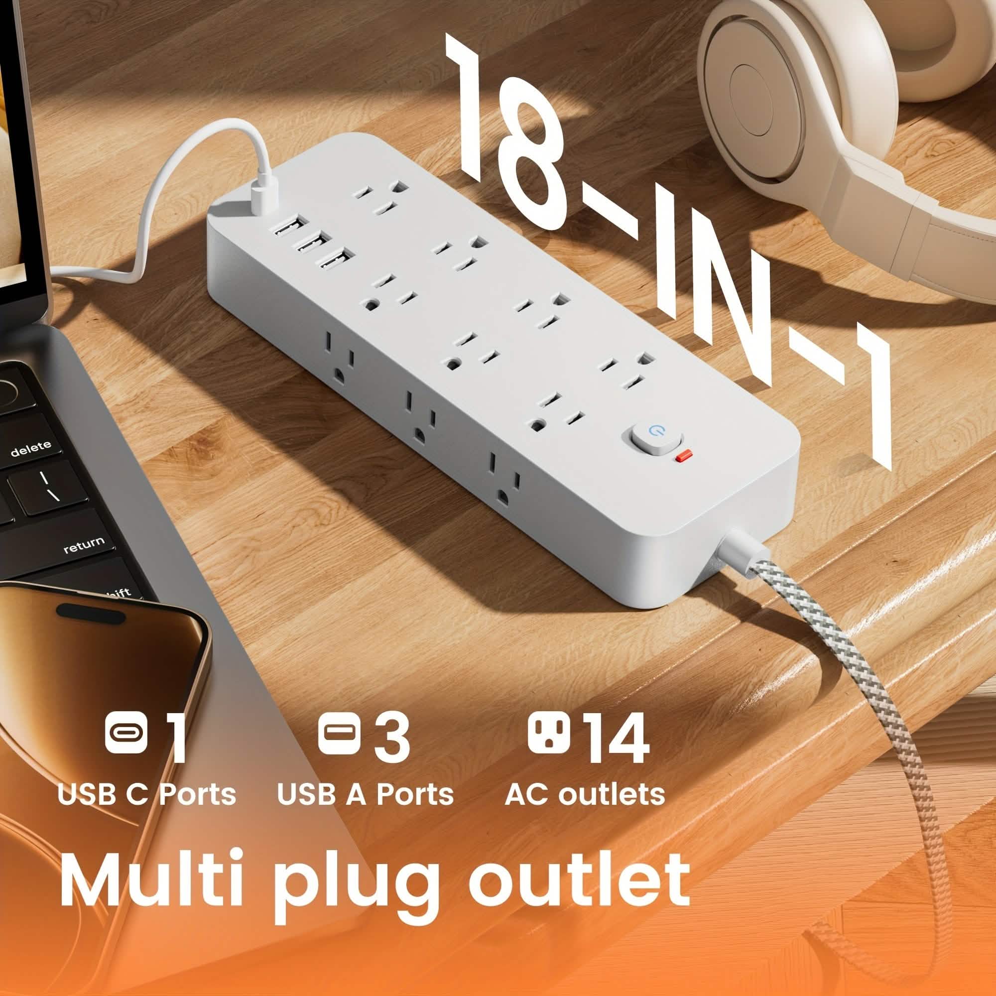 18-Outlet Power Strip with USB & Type-C – Surge Protection